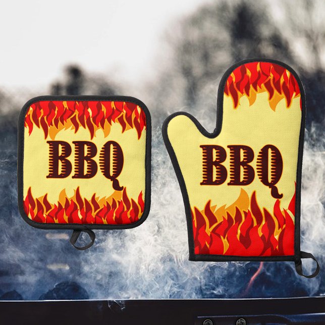 Red Flames Cookout BBQ Saying  Oven Mitt & Pot Holder Set (BBQ oven mitt and pot holders by Moms Retro Kitchen)