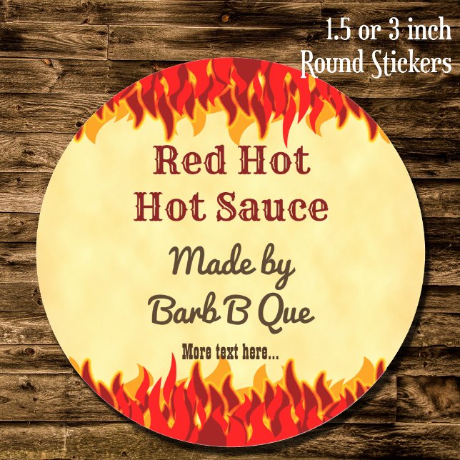 Red Flames Custom Retro BBQ Hot Sauce Classic Round Sticker (Hot Sauce BBQ Red Flames Round Stickers)