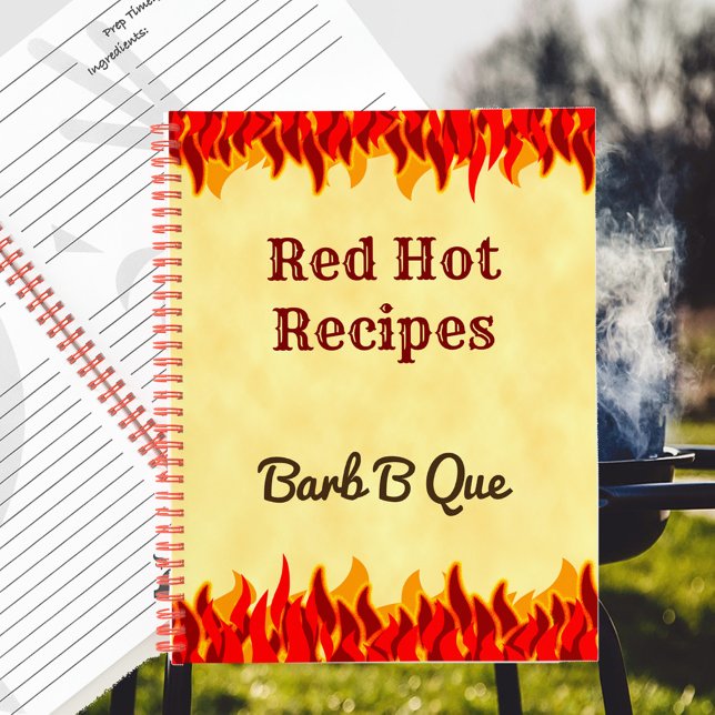 Red Flames Editable Retro BBQ Recipe Notebook (Red Flames Hot Recipe Spiral notebook)