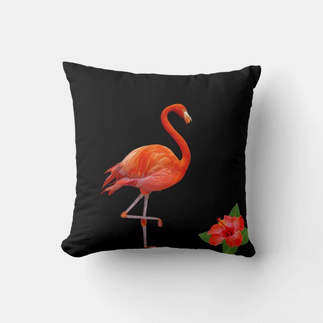 Red Flamingo and Hibiscus on Black Throw Pillow (Front)