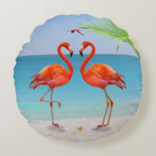 Red Flamingo Couple & Palm Leaf on the Beach Round Cushion