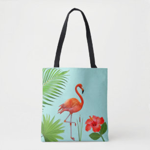 Red Flamingo, Hibiscus & Tropical Palm Leaves Tote