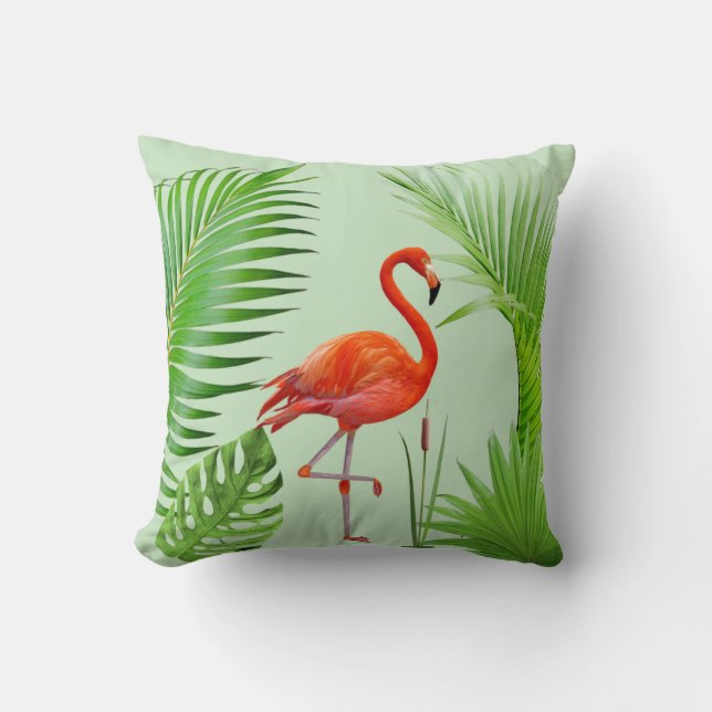 Red Flamingo & Tropical Palm Leaves on Green Cushion (Front)
