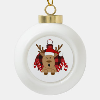 Red Flannel Candy Cane Reindeer Ceramic Ball Christmas Ornament
