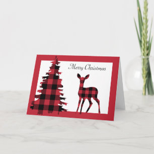 Red Flannel Christmas Tree and Deer Holiday Card