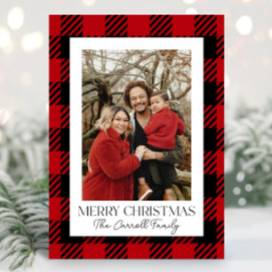 Red Flannel Plaid Custom Family Photo Christmas  Holiday Card