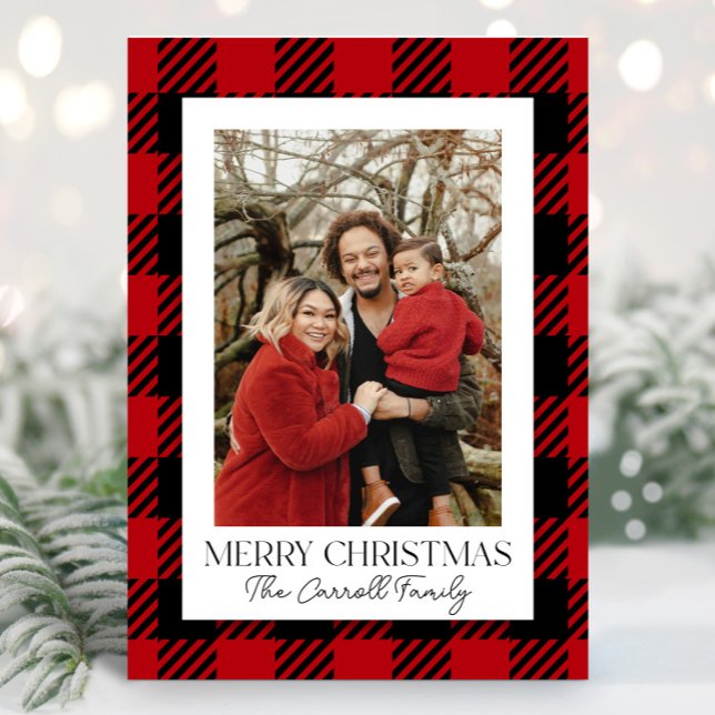 Red Flannel Plaid Custom Family Photo Christmas  Holiday Card (Creator Uploaded)