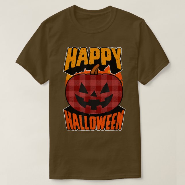 Red Flannel Plaid Happy Halloween Party Jack O Lan T-Shirt (Design Front)