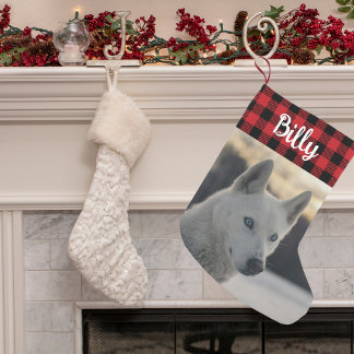 Red Flannel Plaid Rustic Pet Dog photo monogram    Small Christmas Stocking