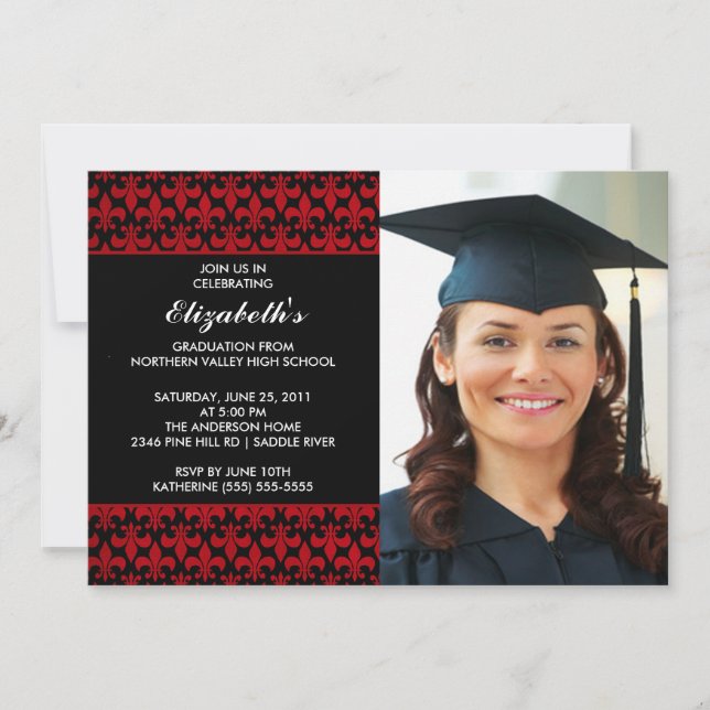 Red Fleur-de-lis Graduation Invitation with Photo (Front)
