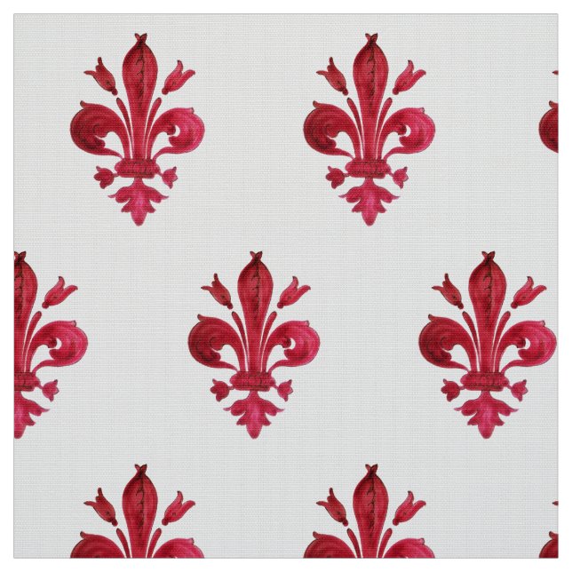 RED FLEUR DE LIS IN WHITE Floral Pattern Fabric (Swatch)