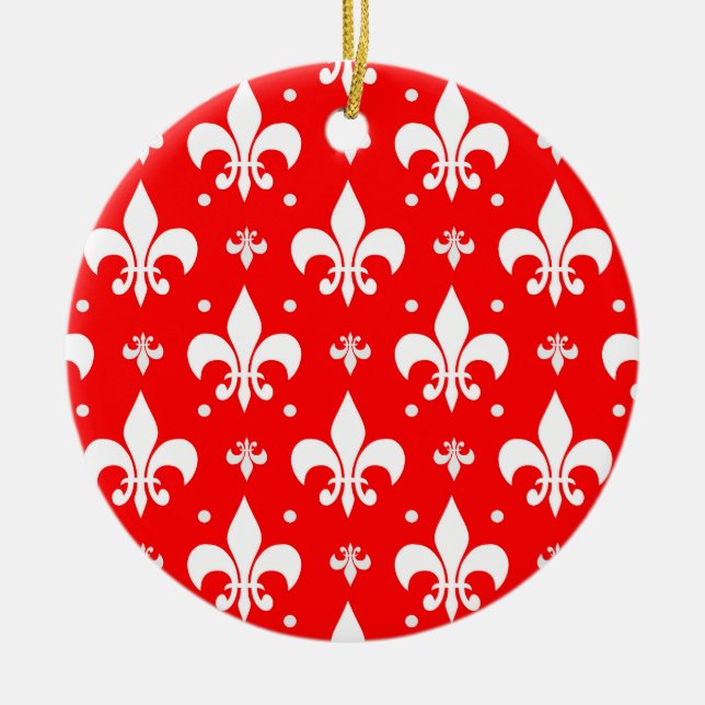Red Fleur-de-lis Pattern Design  Ceramic Tree Decoration (Front)