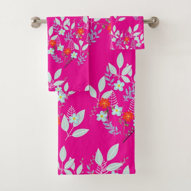 Red Flora Foliage Hot Pink  Bath Towel Set (Insitu)