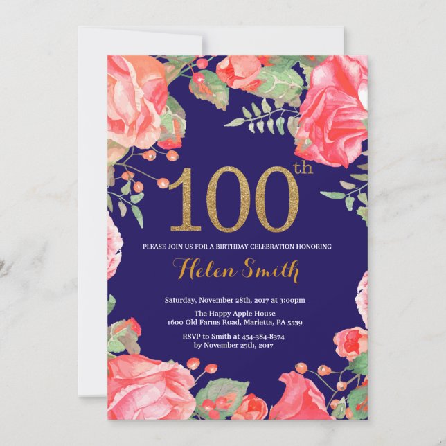 Red Floral 100th Birthday Invitation Gold Glitter (Front)