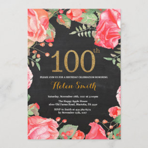 Red Floral 100th Birthday Invitation Gold Glitter