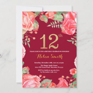 Red Floral 12th Birthday Gold Glitter Burgundy Red Invitation