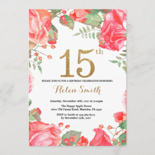 Red Floral 15th Birthday Invitation Gold Glitter