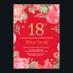 Red Floral 18th Birthday Gold Glitter and Red Invitation<br><div class="desc">Red Floral 18th Birthday Invitation for Women. Watercolor Botanical Floral Flower. Gold Glitter. Red Background. Pink Peonies Floral Flowers. Adult Birthday. For further customisation,  please click the "Customise it" button and use our design tool to modify this template.</div>