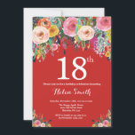Red Floral 18th Birthday Invitation<br><div class="desc">Red Floral 18th Birthday Invitation for Women. Watercolor Floral Flower. Red Background. Pink, Yellow, Orange, Purple Flower. Adult Birthday. 13th 15th 16th 18th 20th 21st 30th 40th 50th 60th 70th 80th 90th 100th, Any Ages. For further customisation, please click the "Customise it" button and use our design tool to modify...</div>