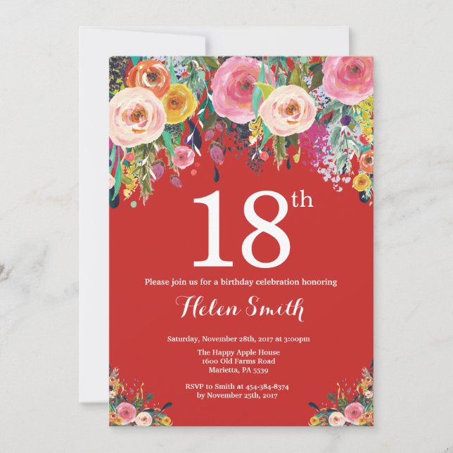 Red Floral 18th Birthday Invitation (Front)