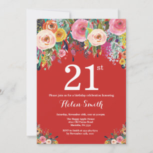 Red Floral 21st Birthday Invitation