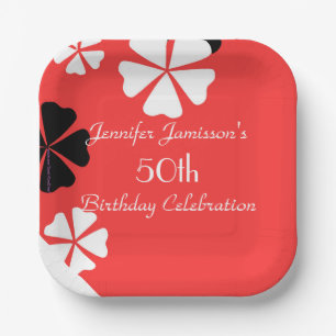 Red Floral 50th Birthday Party Simple Square Paper Plate