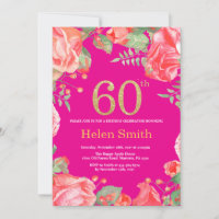 Red Floral 60th Birthday Gold Glitter and Hot Pink