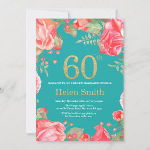 Red Floral 60th Birthday Gold Glitter and Teal Invitation
