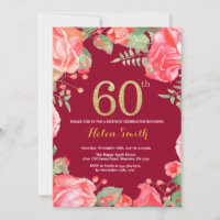 Red Floral 60th Birthday Gold Glitter Burgundy Red