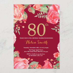 Red Floral 80th Birthday Gold Glitter Burgundy Red Invitation