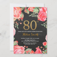 Red Floral 80th Birthday Invitation Gold Glitter