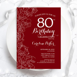 Red Floral 80th Birthday Party Invitation