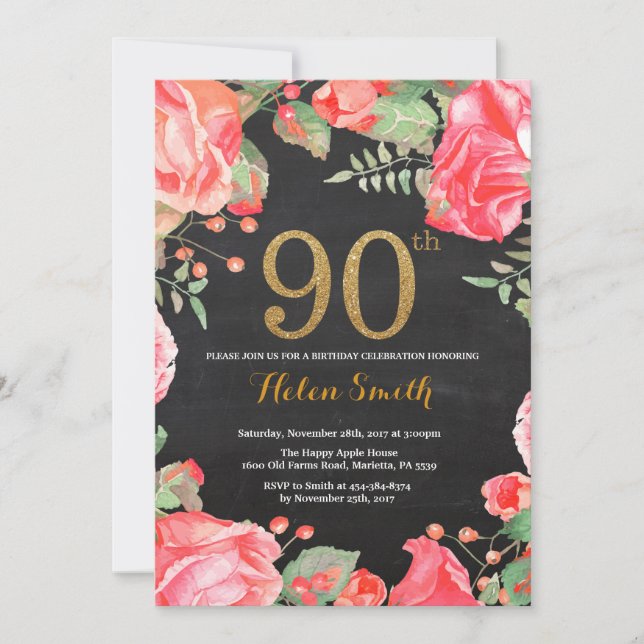 Red Floral 90th Birthday Invitation Gold Glitter (Front)