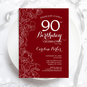 Red Floral 90th Birthday Party Invitation