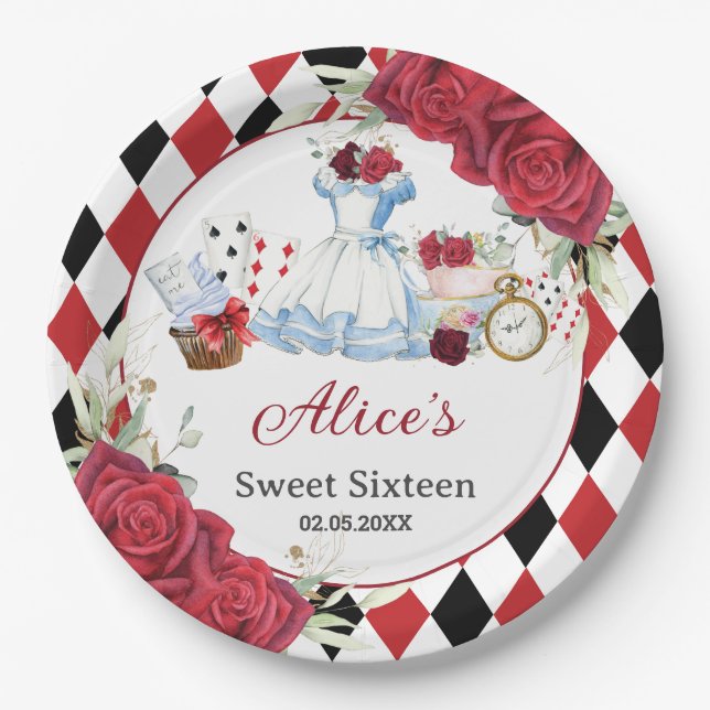 Red Floral Alice in Wonderland Birthday Tea Party  Paper Plate (Front)