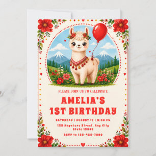 Red Floral Alpaca First Birthday Invitation