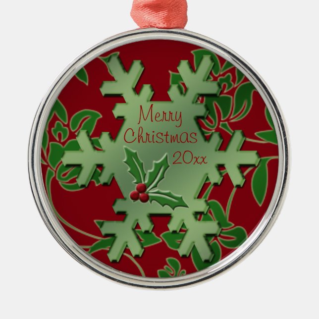 Red Floral and Green Snowflake Premium Ornament (Front)