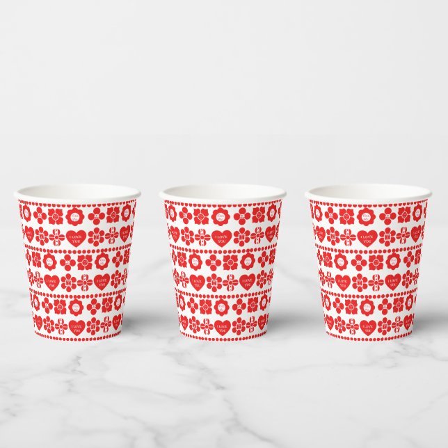 Red floral and heart pattern for Valentine's Day Paper Cups (Multi)