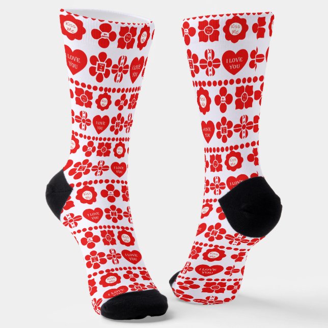 Red floral and heart pattern for Valentine's Day Socks (Angled)