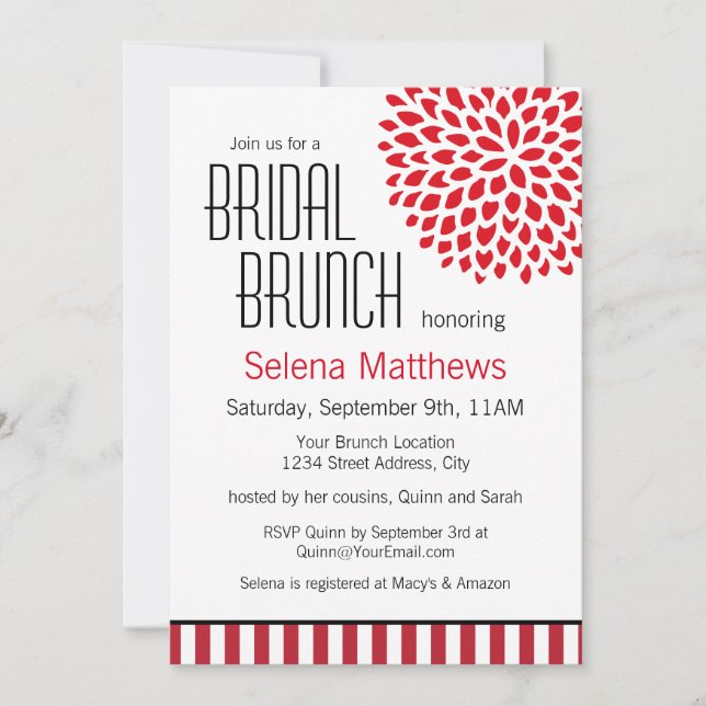 Red Floral and Stripes Modern Bridal Brunch Invitation (Front)