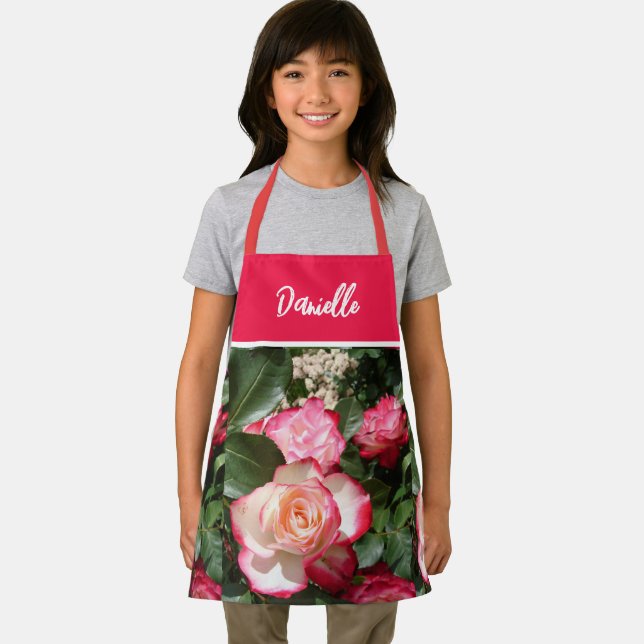 Red Floral and White Roses Rose Kids Kitchen Apron (Insitu)