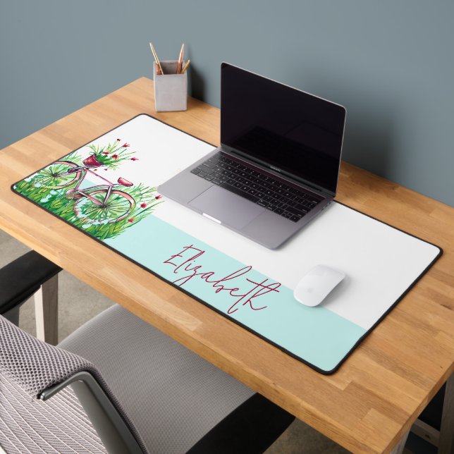 Red floral bicycle personalised desk mat (Office 2)