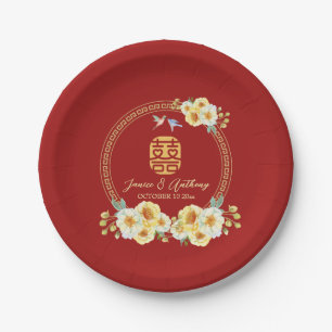 Red floral bird Chinese wedding Paper Plate