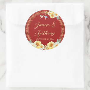 Red floral birds Chinese wedding Classic Round Sticker