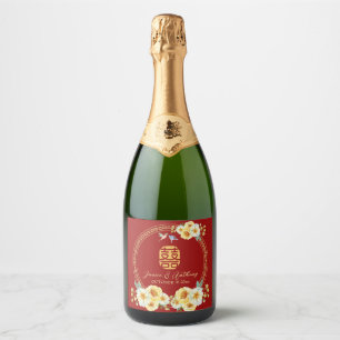 Red floral birds Chinese wedding  Sparkling Wine Label