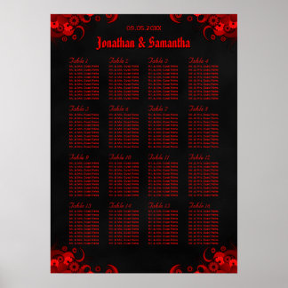Red Floral & Black 16 Wedding Tables Seating Chart
