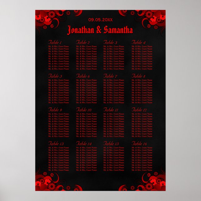 Red Floral & Black 16 Wedding Tables Seating Chart (Front)