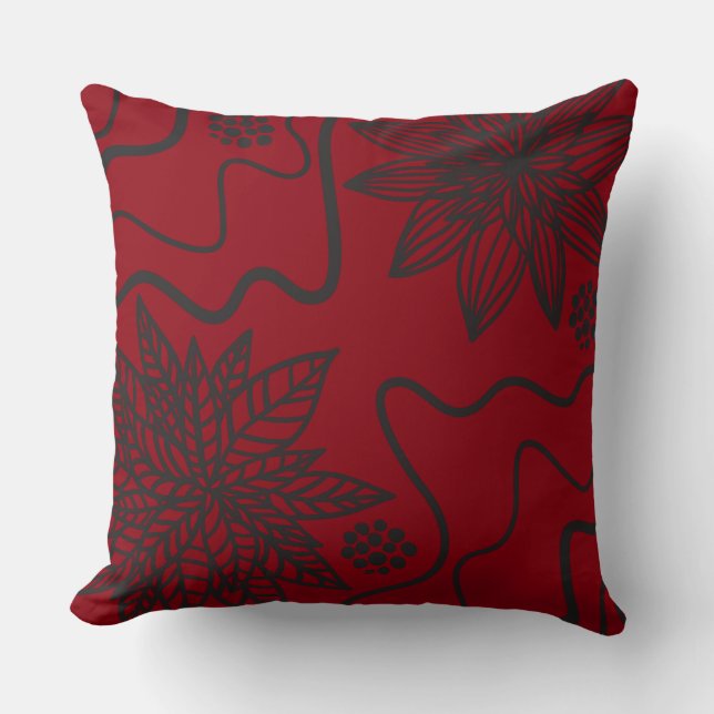 RED FLORAL BLACK DESIGN Retro Throw Pillow (Front)