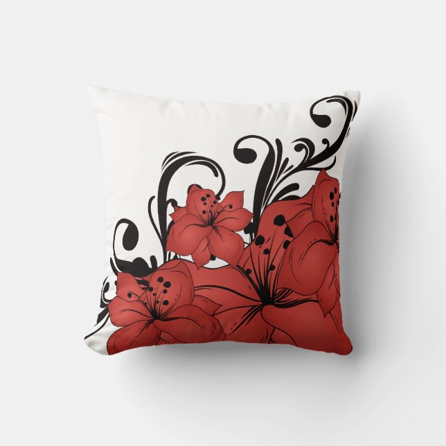 Red Floral Black Scrolls Cushion (Front)