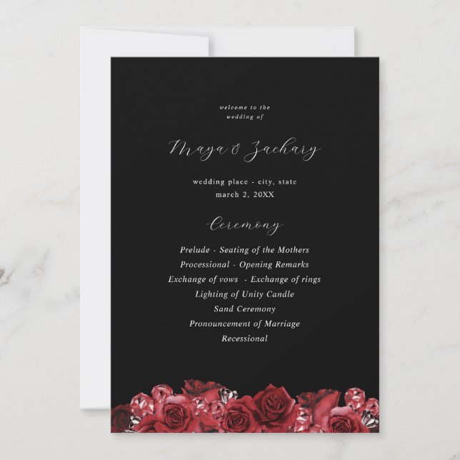 Red Floral & Black Wedding Ceremony Program -Black Invitation (Front)